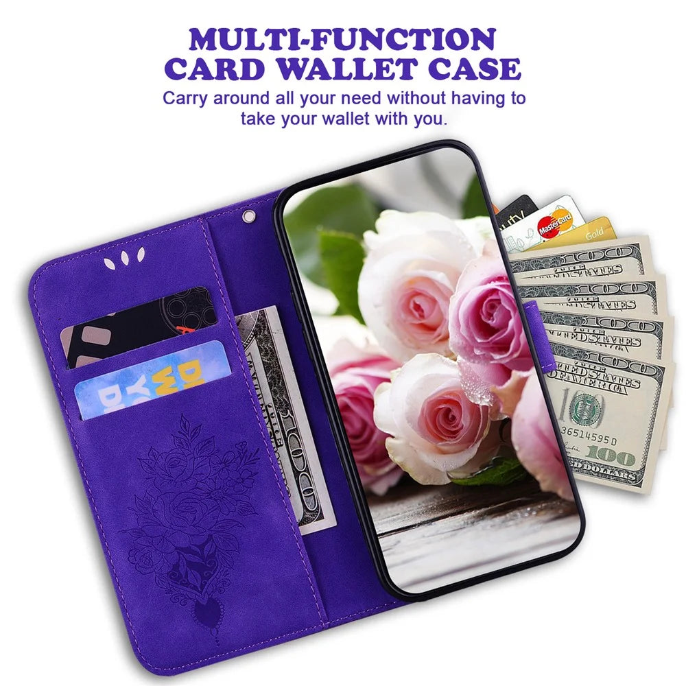 For Samsung Galaxy A24 4G (162.1 x 77.6 x 8.3mm) Magnetic Flip PU Leather Stand Case Rose Butterfly Imprinted Phone Shell Cover - Purple - 2