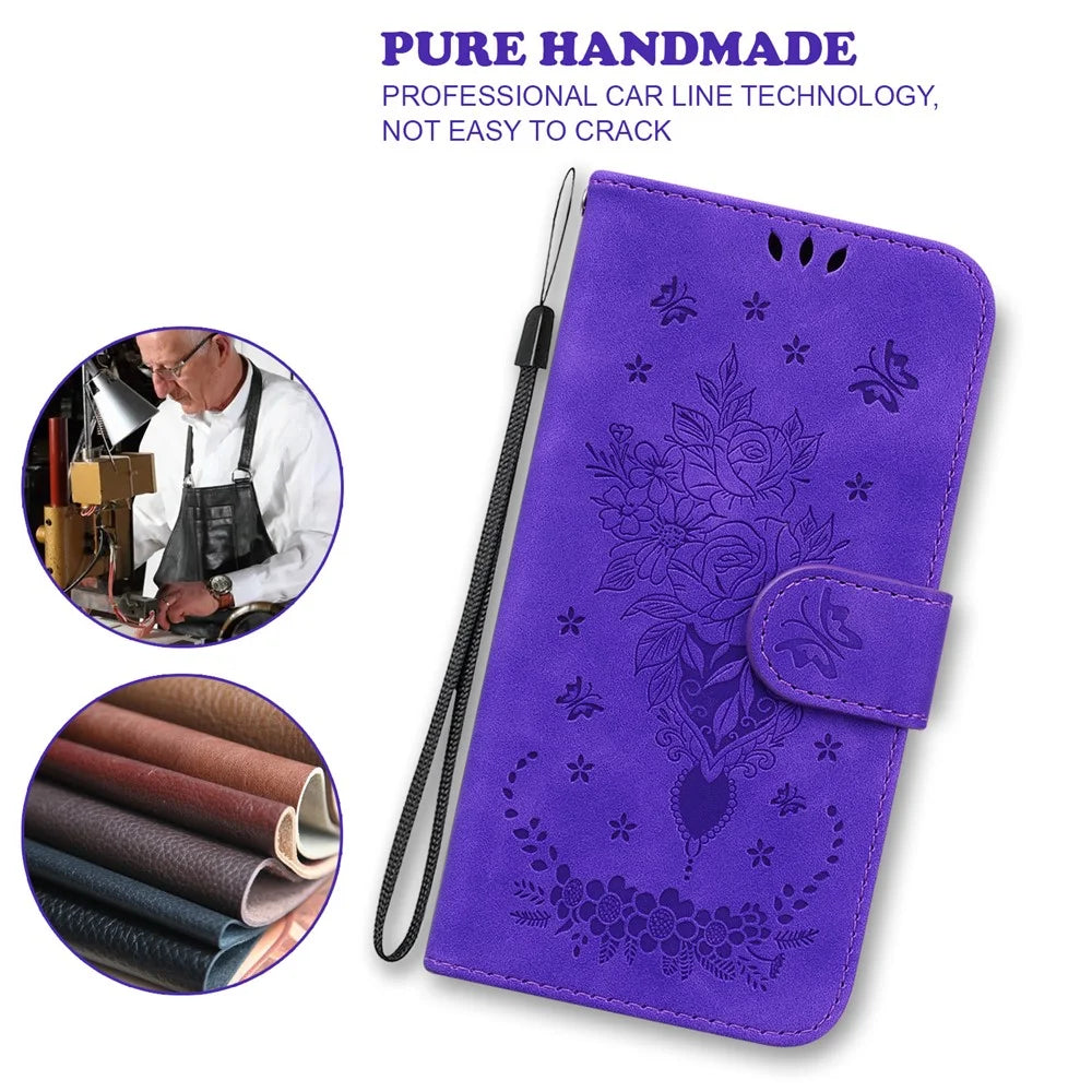 For Samsung Galaxy A24 4G (162.1 x 77.6 x 8.3mm) Magnetic Flip PU Leather Stand Case Rose Butterfly Imprinted Phone Shell Cover - Purple - 5