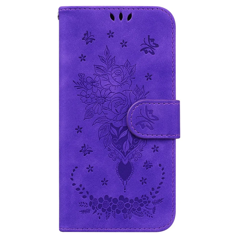 For Samsung Galaxy A24 4G (162.1 x 77.6 x 8.3mm) Magnetic Flip PU Leather Stand Case Rose Butterfly Imprinted Phone Shell Cover - Purple - 6