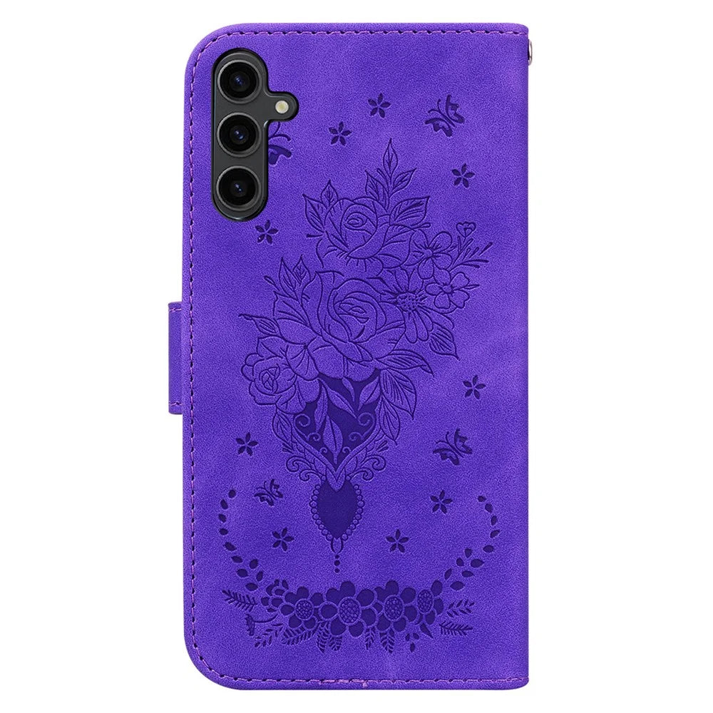 For Samsung Galaxy A24 4G (162.1 x 77.6 x 8.3mm) Magnetic Flip PU Leather Stand Case Rose Butterfly Imprinted Phone Shell Cover - Purple - 7