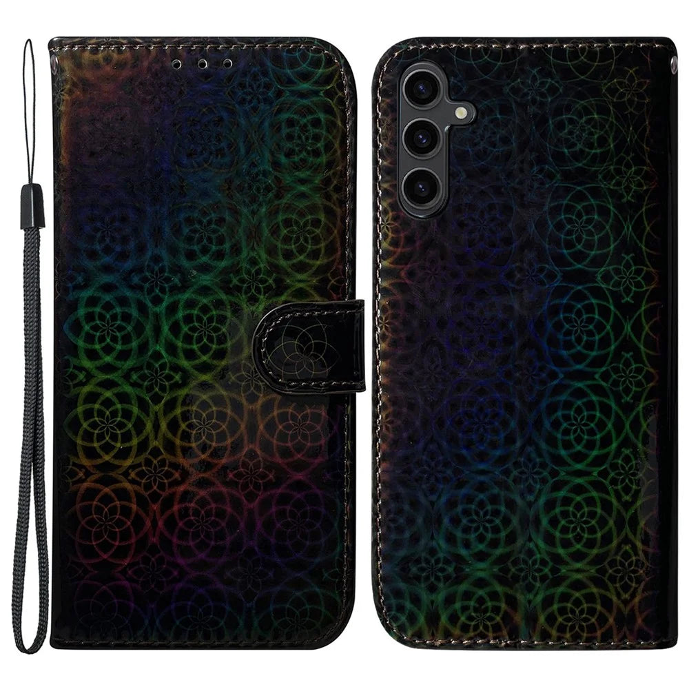 For Samsung Galaxy A24 4G (162.1 x 77.6 x 8.3mm) PU Leather Flip Wallet Phone Case Dazzling Flower Pattern Stand Folio Cover - Black - 1