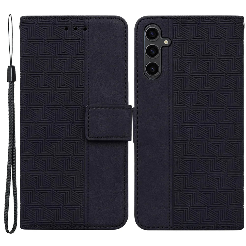 For Samsung Galaxy A24 4G (162.1 x 77.6 x 8.3mm) PU Leather Wallet Flip Case Stand Geometry Pattern Imprinted Phone Cover - Black - 1