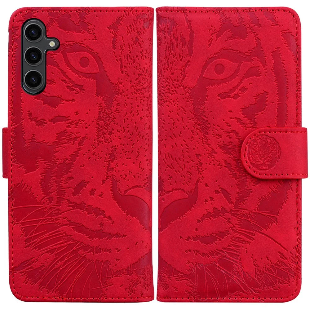 For Samsung Galaxy A24 4G (162.1 x 77.6 x 8.3mm) Wallet Case Tiger Imprinted Flip Folio PU Leather Phone Cover with Stand - Red - 1