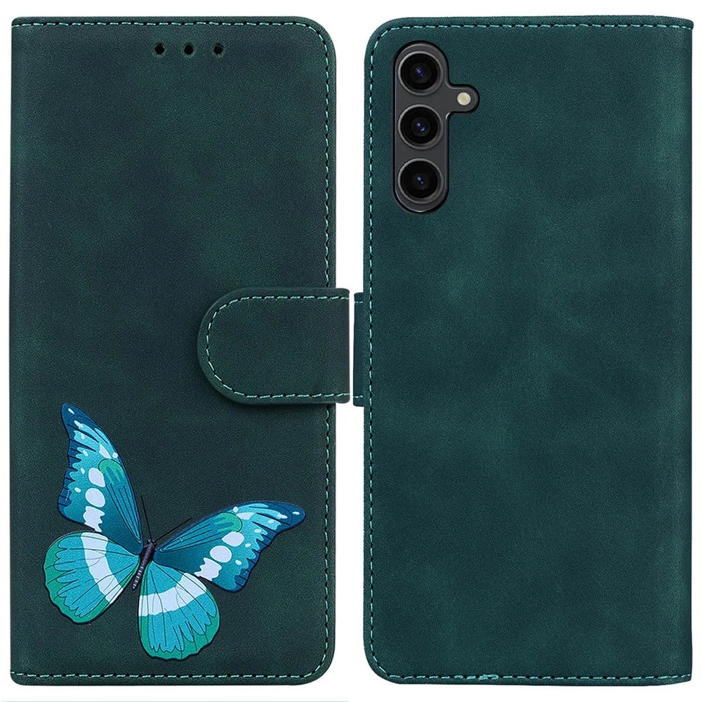 For Samsung Galaxy A24 4G (162.1 x 77.6 x 8.3mm) Drop-proof PU Leather Cover Butterfly Printing Wallet Phone Case - Green - 1