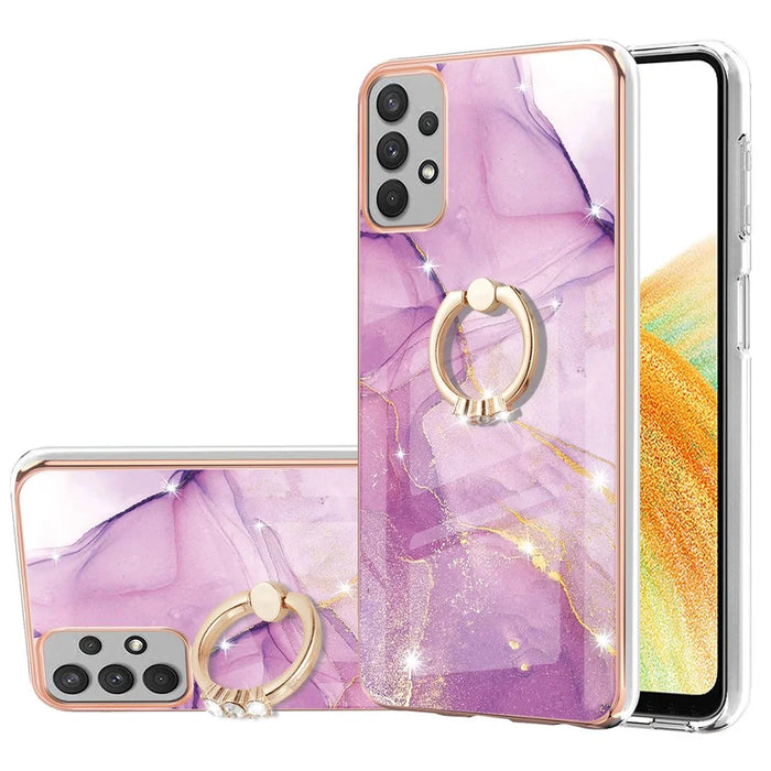 For Samsung Galaxy A33 5G Case with Ring Kickstand Marble Pattern Electroplating TPU Back Cover - Purple 001 - 1