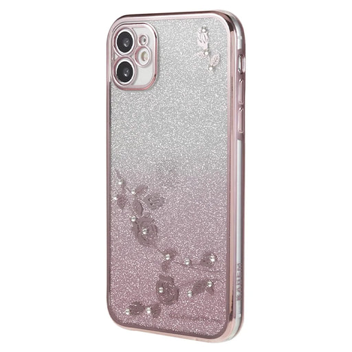 KADEM Electroplating TPU Phone Case for iPhone 11 6.1 inch , Flower Rhinestone Decor Phone Cover - Rose Gold - 1