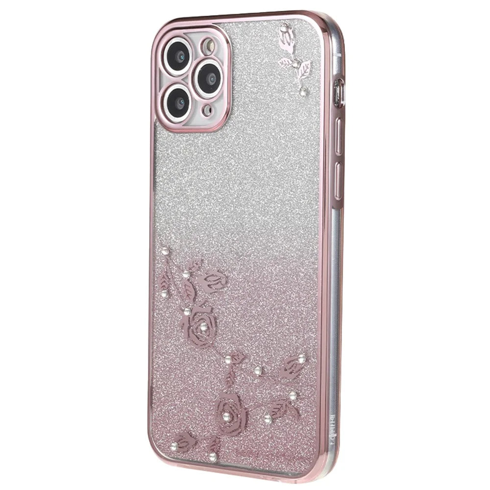 KADEM For iPhone 11 Pro 5.8 inch Gradient Glitter TPU Anti-scratch Cover Flower Rhinestone Decor Phone Case - Rose Gold - 1