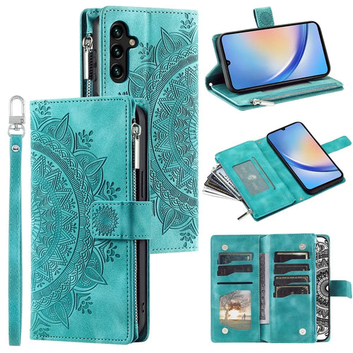 Leather Flip Cover for Samsung Galaxy A24 4G (162.1 x 77.6 x 8.3mm) Mandala Flower Pattern Wallet Phone Case - Green - 1