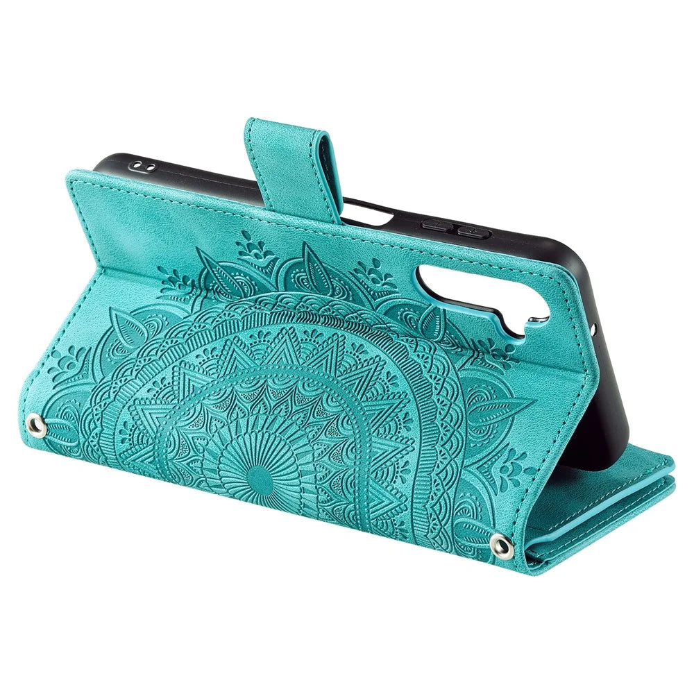 Leather Flip Cover for Samsung Galaxy A24 4G (162.1 x 77.6 x 8.3mm) Mandala Flower Pattern Wallet Phone Case - Green - 3