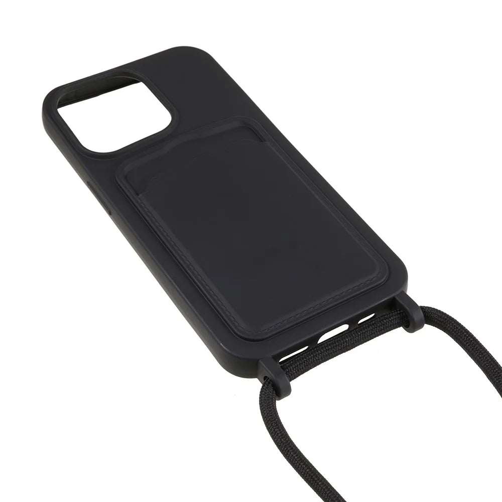 Protective Case for iPhone 13 Pro 6.1 inch Anti-Fall Liquid Silicone Phone Cover with Card Slot, Strap - Black - 3