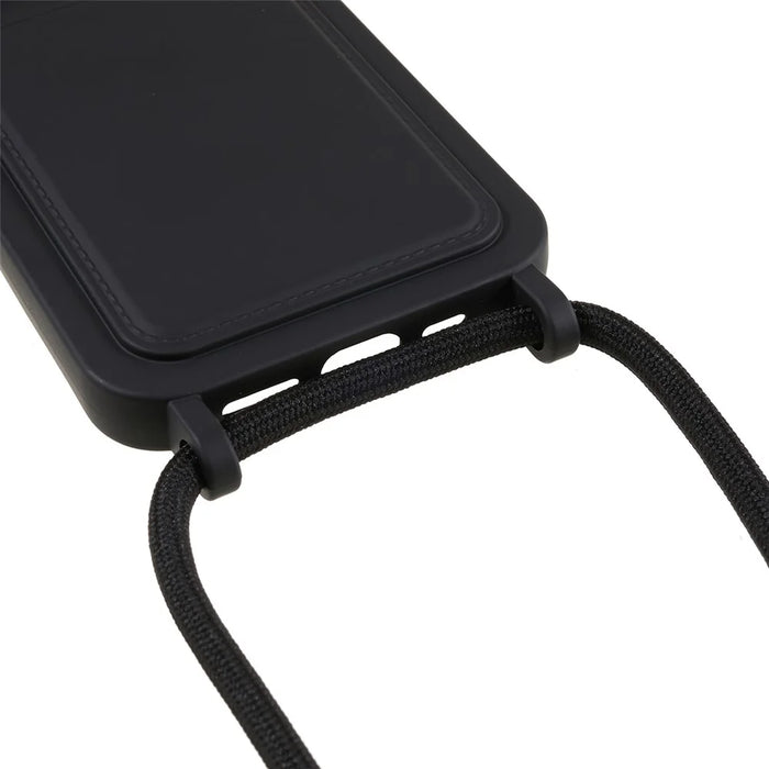 Shockproof Case for iPhone 14 Pro Max Liquid Silicone Cover Anti-Drop Phone Case with Card Slot, Strap - Black - 6