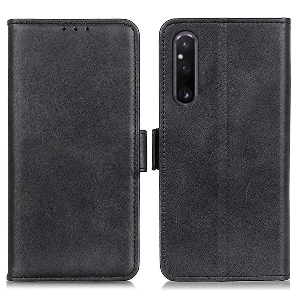 For Sony Xperia 1 V Cowhide Texture Phone Cover Wallet Stand Protective Phone Case - Black - 1