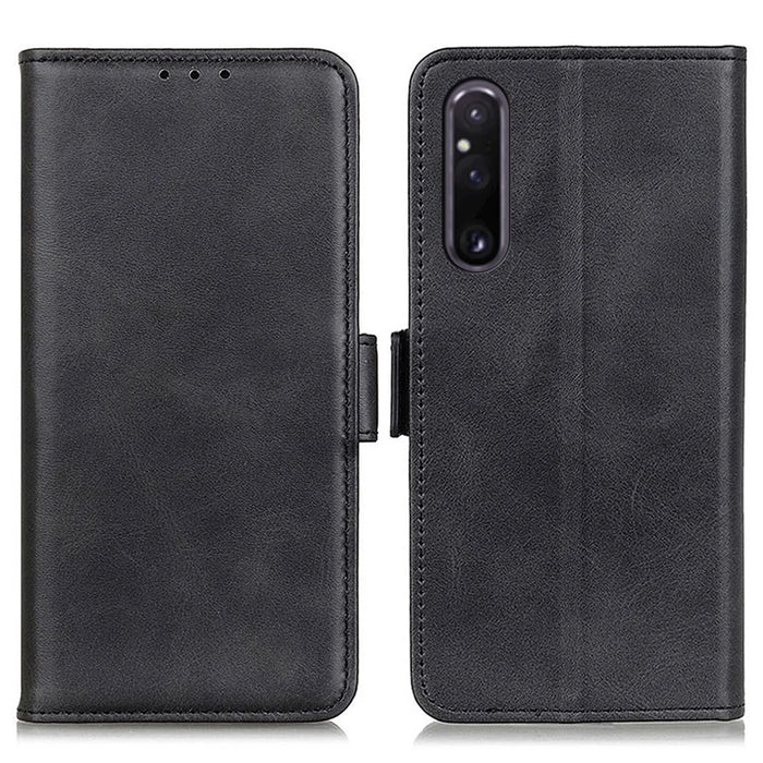 For Sony Xperia 1 V Cowhide Texture Phone Cover Wallet Stand Protective Phone Case - Black - 1