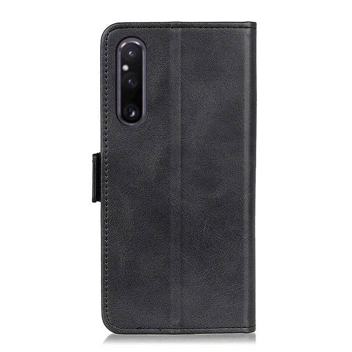 For Sony Xperia 1 V Cowhide Texture Phone Cover Wallet Stand Protective Phone Case - Black - 7