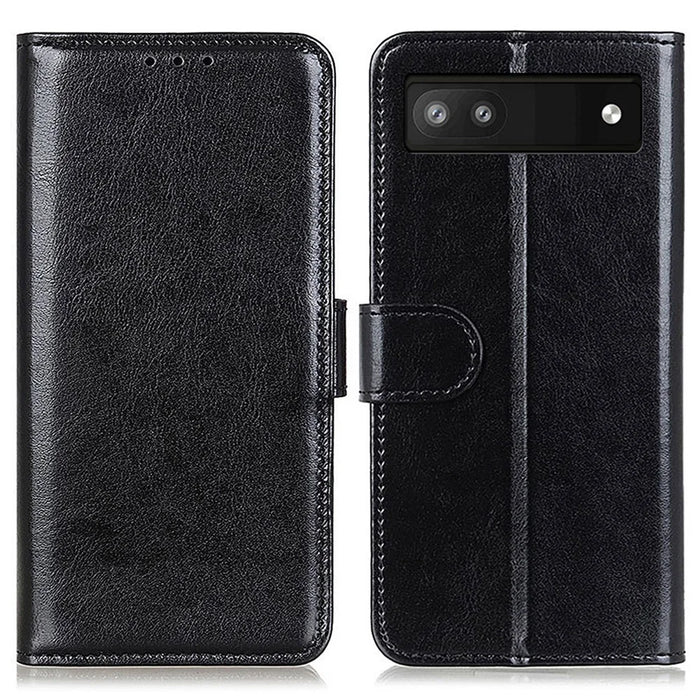 For Google Pixel 7a Wallet Stand Phone Leather Case Crazy Horse Texture Smartphone Cover - Black - 1