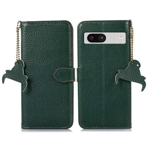 For Google Pixel 7a Genuine Cow Leather Litchi Texture RFID Blocking Wallet Stand Case - Green - 1