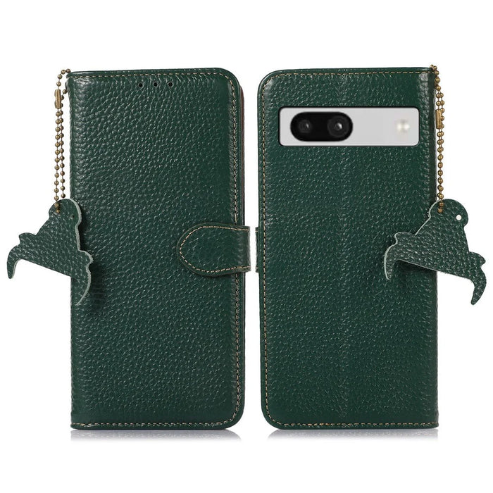 For Google Pixel 7a Genuine Cow Leather Litchi Texture RFID Blocking Wallet Stand Case - Green - 1