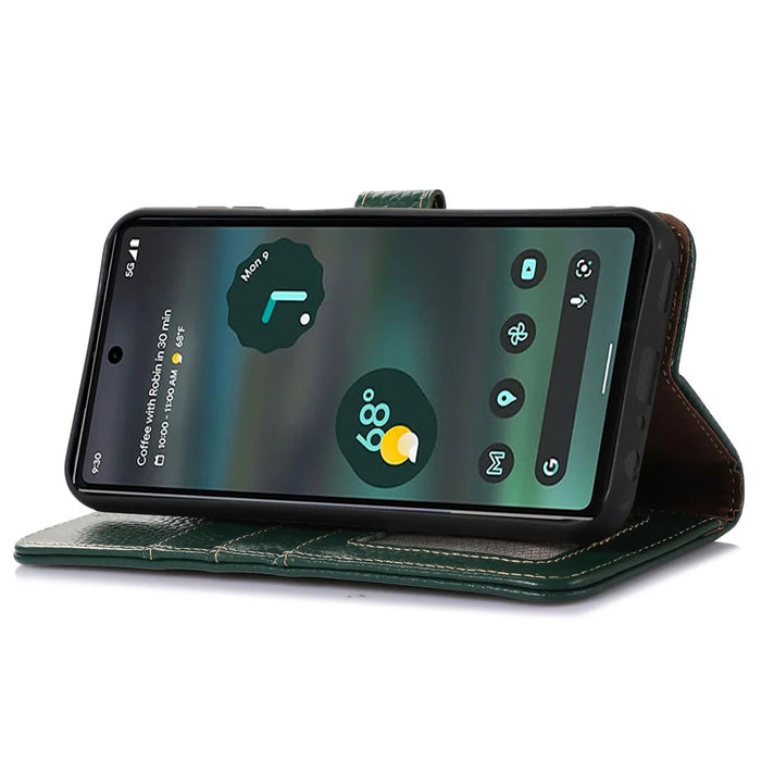 For Google Pixel 7a Genuine Cow Leather Litchi Texture RFID Blocking Wallet Stand Case - Green - 3