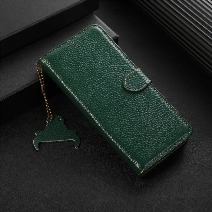 For Google Pixel 7a Genuine Cow Leather Litchi Texture RFID Blocking Wallet Stand Case - Green - 5