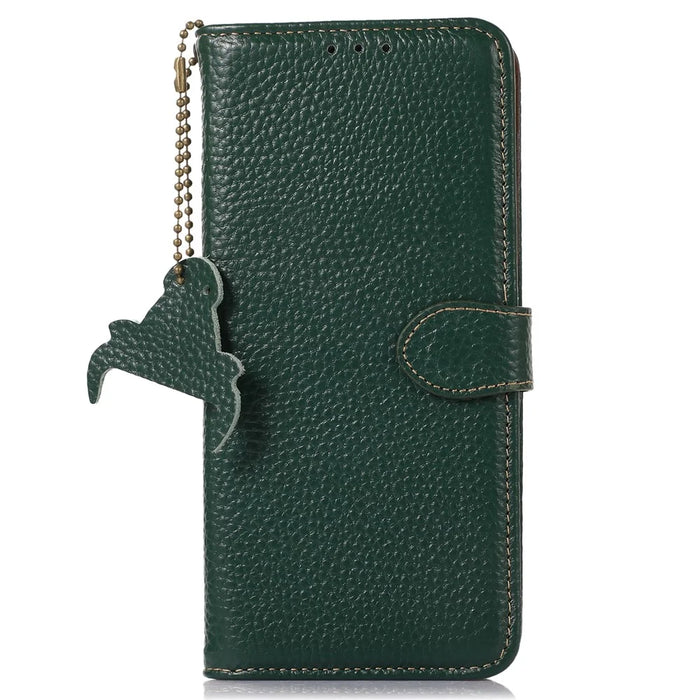 For Google Pixel 7a Genuine Cow Leather Litchi Texture RFID Blocking Wallet Stand Case - Green - 6