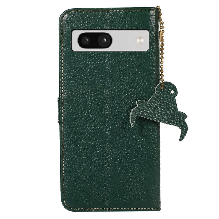For Google Pixel 7a Genuine Cow Leather Litchi Texture RFID Blocking Wallet Stand Case - Green - 7