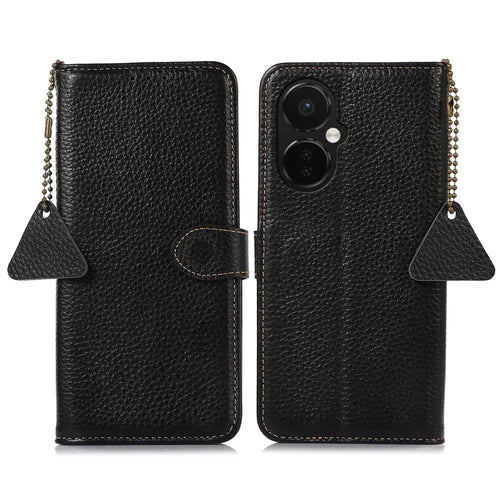Cell Phone Cover for OnePlus Nord CE 3 Lite 5G / Nord N30 5G RFID Blocking Genuine Cow Leather Litchi Texture Stand Wallet Case - Black - 1