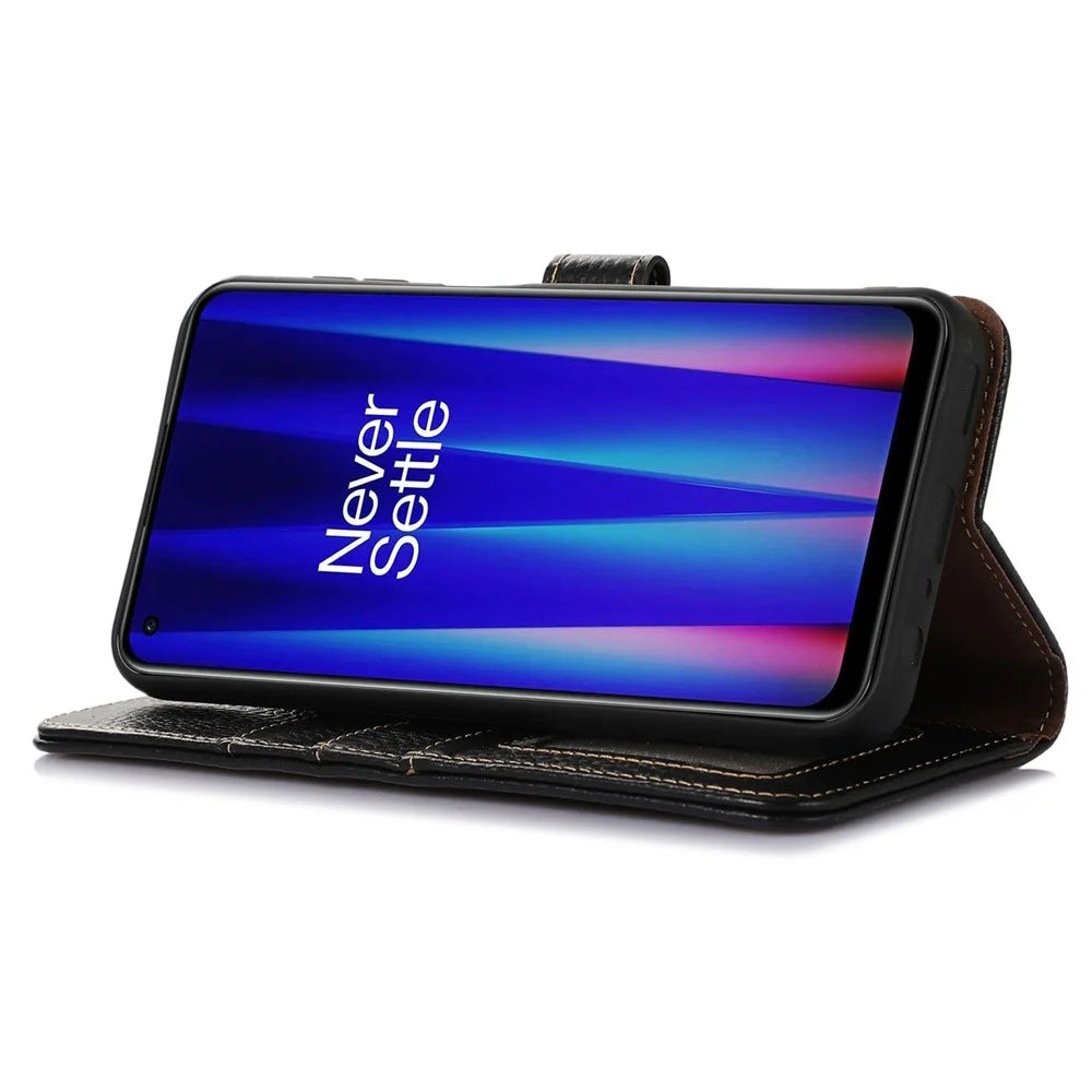 Cell Phone Cover for OnePlus Nord CE 3 Lite 5G / Nord N30 5G RFID Blocking Genuine Cow Leather Litchi Texture Stand Wallet Case - Black - 3