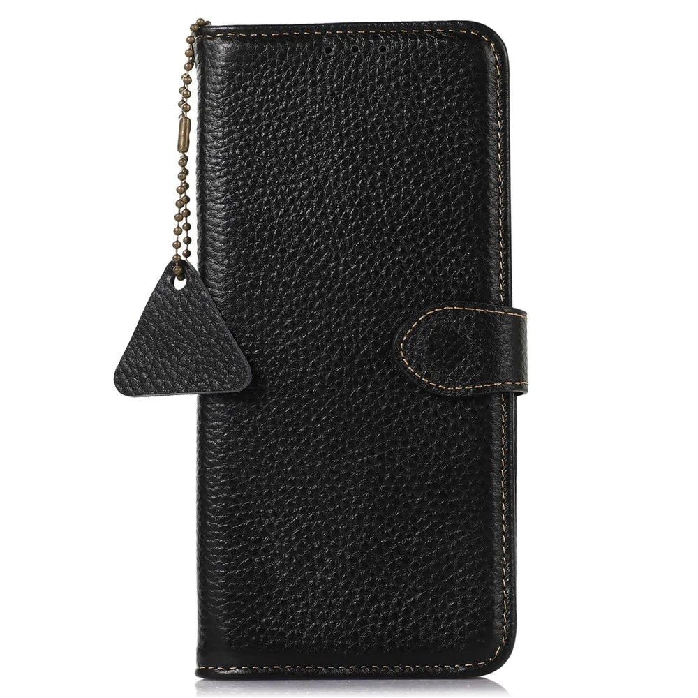 Cell Phone Cover for OnePlus Nord CE 3 Lite 5G / Nord N30 5G RFID Blocking Genuine Cow Leather Litchi Texture Stand Wallet Case - Black - 6