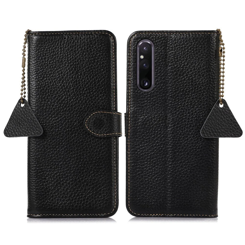 Anti-Scratch Phone Cover for Sony Xperia 1 V Genuine Cow Leather Litchi Texture RFID Blocking Stand Wallet Case - Black - 1