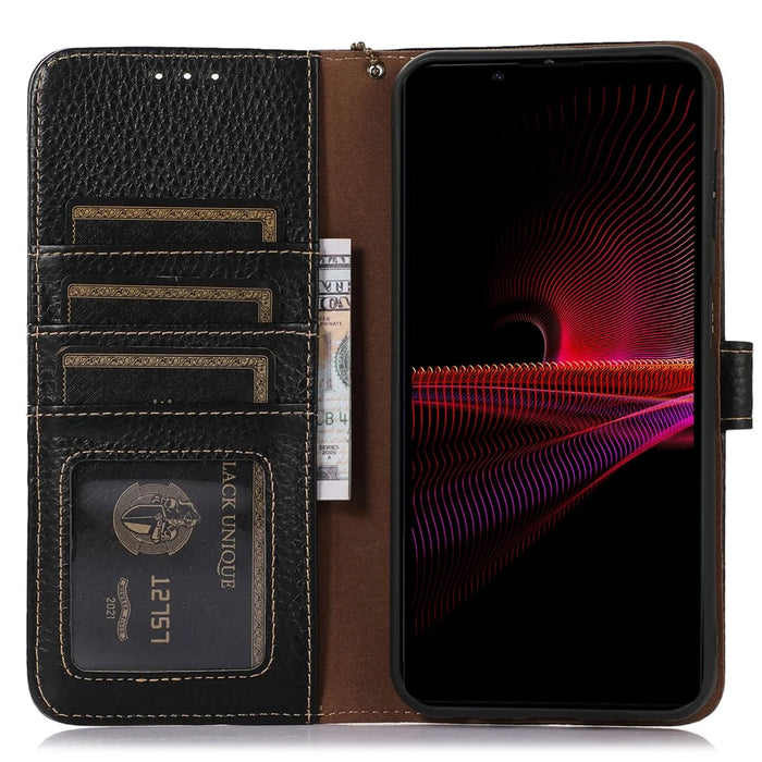 Anti-Scratch Phone Cover for Sony Xperia 1 V Genuine Cow Leather Litchi Texture RFID Blocking Stand Wallet Case - Black - 2