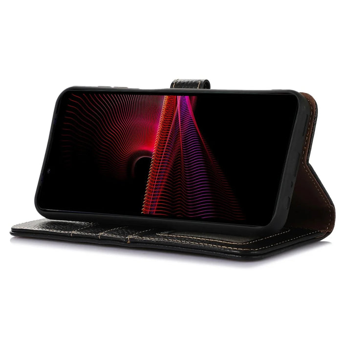 Anti-Scratch Phone Cover for Sony Xperia 1 V Genuine Cow Leather Litchi Texture RFID Blocking Stand Wallet Case - Black - 3