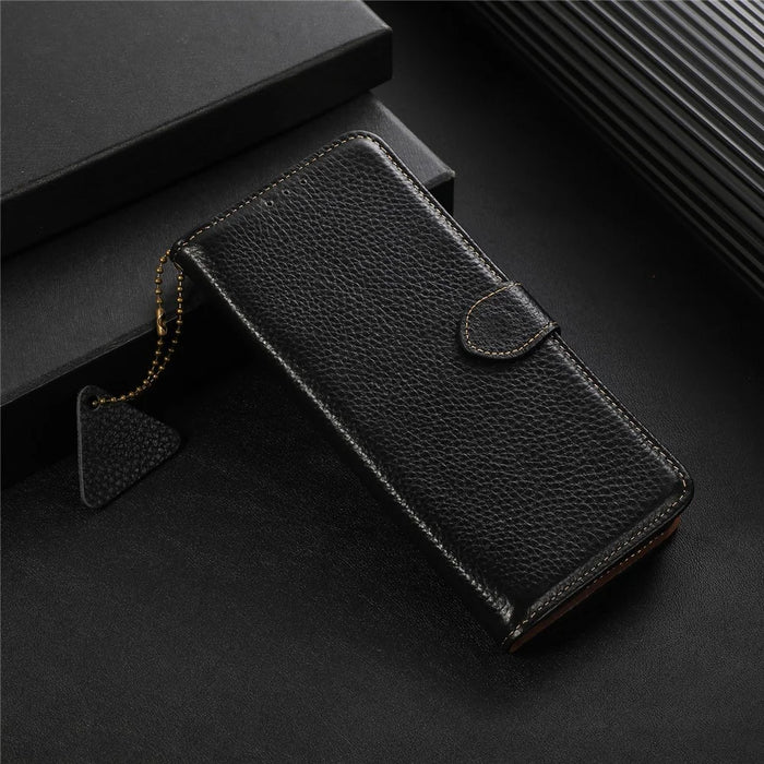 Anti-Scratch Phone Cover for Sony Xperia 1 V Genuine Cow Leather Litchi Texture RFID Blocking Stand Wallet Case - Black - 5