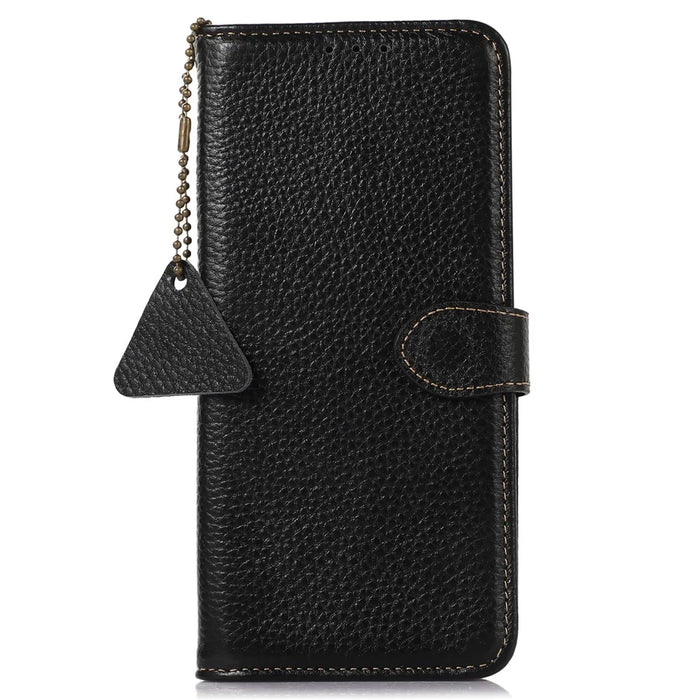 Anti-Scratch Phone Cover for Sony Xperia 1 V Genuine Cow Leather Litchi Texture RFID Blocking Stand Wallet Case - Black - 6