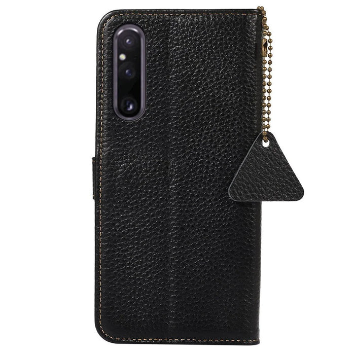 Anti-Scratch Phone Cover for Sony Xperia 1 V Genuine Cow Leather Litchi Texture RFID Blocking Stand Wallet Case - Black - 7
