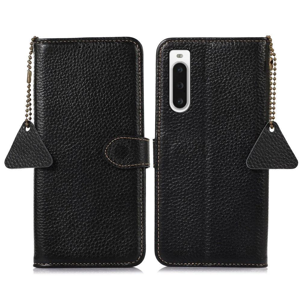 For Sony Xperia 10 V RFID Blocking Phone Cover Stand Genuine Cow Leather Litchi Texture Phone Wallet Case - Black - 1