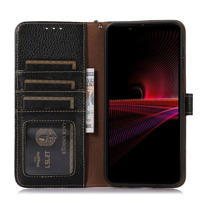 For Sony Xperia 10 V RFID Blocking Phone Cover Stand Genuine Cow Leather Litchi Texture Phone Wallet Case - Black - 2