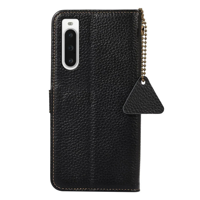 For Sony Xperia 10 V RFID Blocking Phone Cover Stand Genuine Cow Leather Litchi Texture Phone Wallet Case - Black - 7