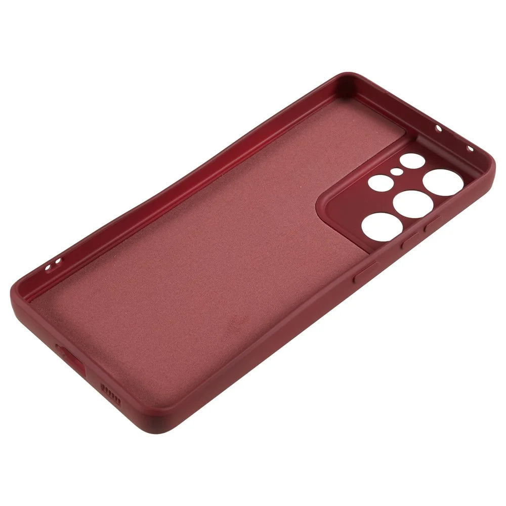 For Samsung Galaxy S21 Ultra 5G TPU Phone Case Fiber Lining Rubberized Cell Phone Cover - Wine Red - 6
