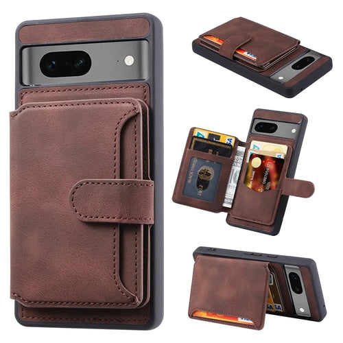 For Google Pixel 7a RFID Blocking Leather+TPU Anti-drop Phone Case Kickstand Wallet Skin-touch Cover - Coffee - 1