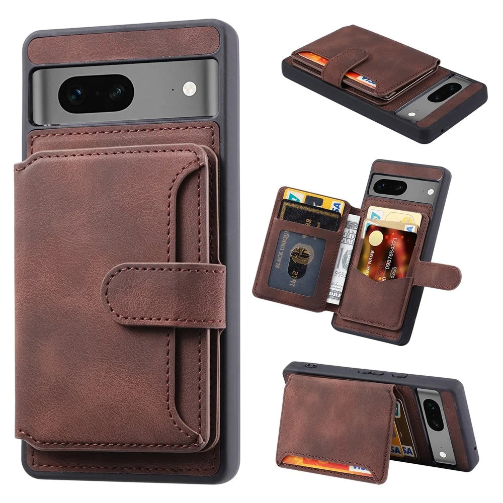 For Google Pixel 7a RFID Blocking Leather+TPU Anti-drop Phone Case Kickstand Wallet Skin-touch Cover - Coffee - 1