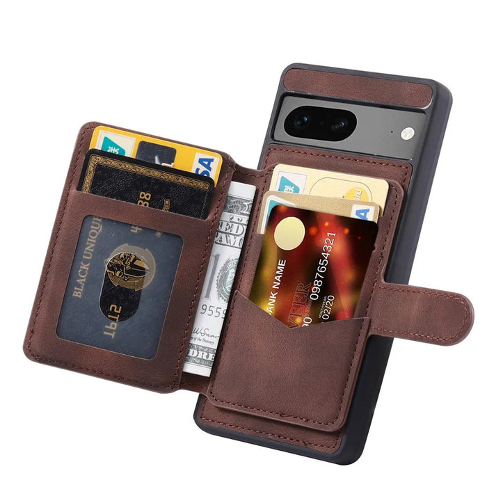 For Google Pixel 7a RFID Blocking Leather+TPU Anti-drop Phone Case Kickstand Wallet Skin-touch Cover - Coffee - 3