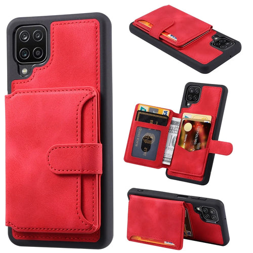 For Samsung Galaxy A12 / M12 RFID Blocking Phone Case Leather Coated TPU Cover with Kickstand Wallet - Red - 1