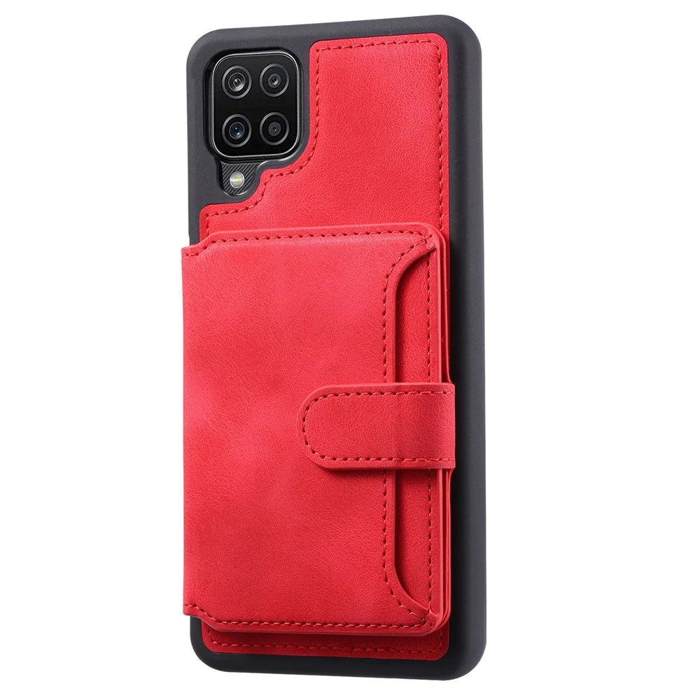 For Samsung Galaxy A12 / M12 RFID Blocking Phone Case Leather Coated TPU Cover with Kickstand Wallet - Red - 2