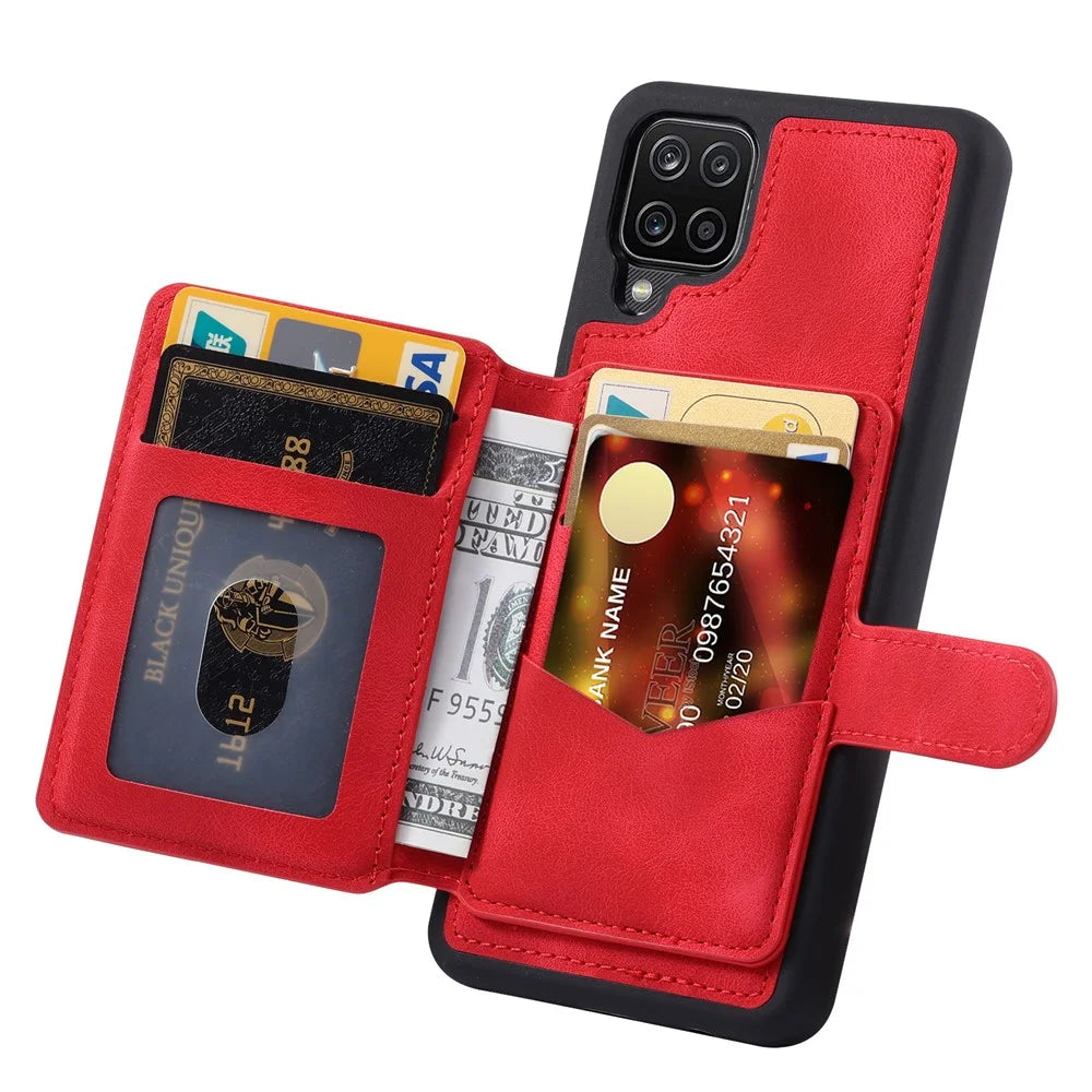 For Samsung Galaxy A12 / M12 RFID Blocking Phone Case Leather Coated TPU Cover with Kickstand Wallet - Red - 3