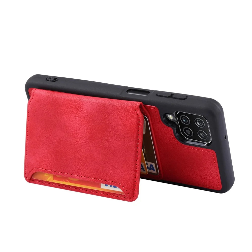 For Samsung Galaxy A12 / M12 RFID Blocking Phone Case Leather Coated TPU Cover with Kickstand Wallet - Red - 4