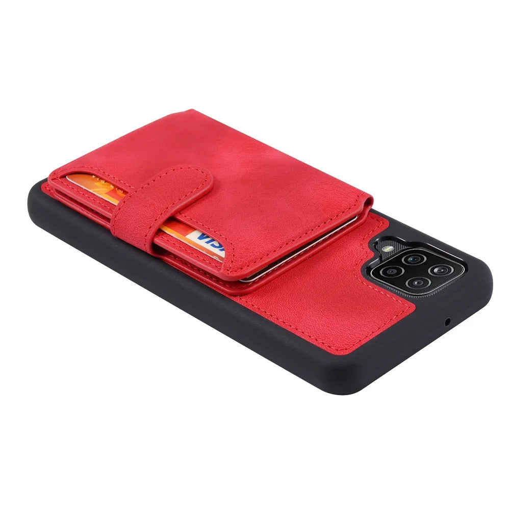 For Samsung Galaxy A12 / M12 RFID Blocking Phone Case Leather Coated TPU Cover with Kickstand Wallet - Red - 5