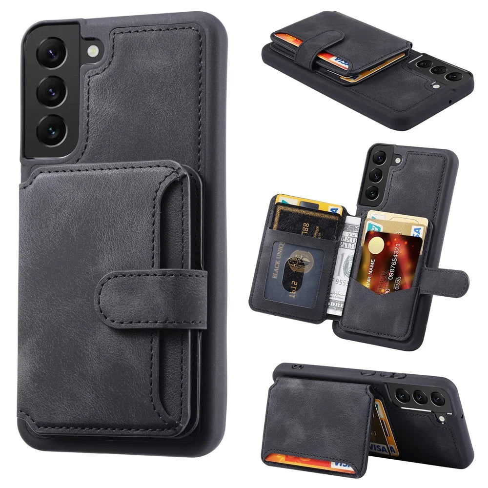 For Samsung Galaxy S23 RFID Blocking Wallet Phone Case Leather Coated TPU Phone Cover with Kickstand - Black - 1