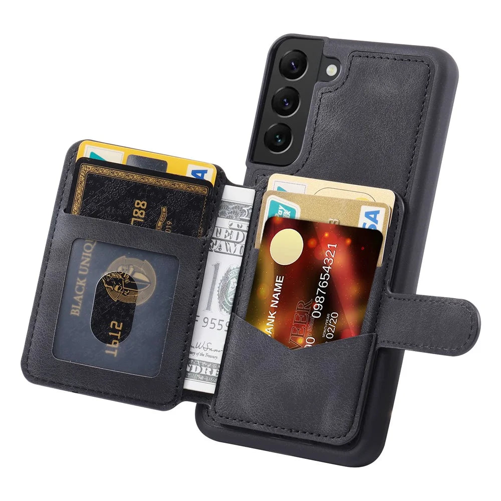 For Samsung Galaxy S23 RFID Blocking Wallet Phone Case Leather Coated TPU Phone Cover with Kickstand - Black - 2