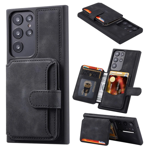 For Samsung Galaxy S22 Ultra 5G RFID Blocking Wallet Phone Cover Kickstand Leather Coated TPU Case - Black - 1