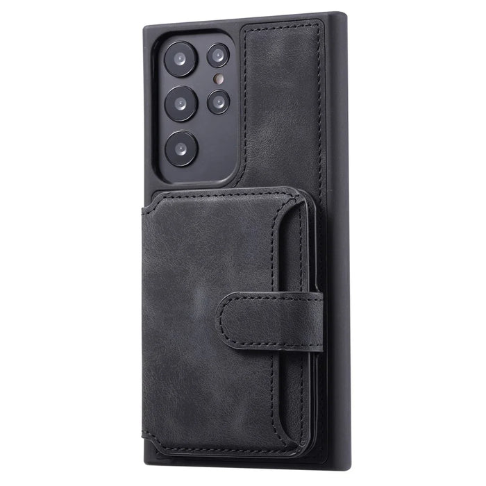For Samsung Galaxy S22 Ultra 5G RFID Blocking Wallet Phone Cover Kickstand Leather Coated TPU Case - Black - 5